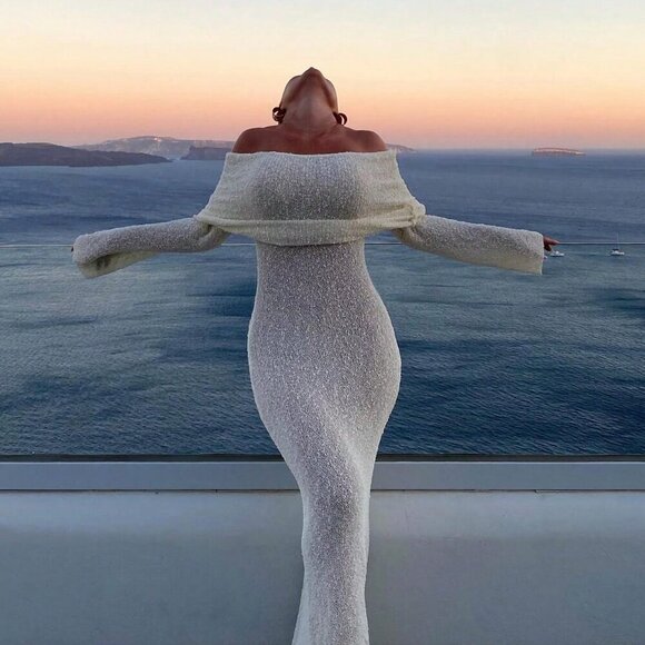 Sexy Women's Beach Vacation Style Plain Semi-Sheer off shoulder maxi Dress - Picture 10 of 10